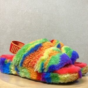 UGG Rainbow Pride Fluff Yeah Cali Collage Multicolor Slide Slipper Womens size 7